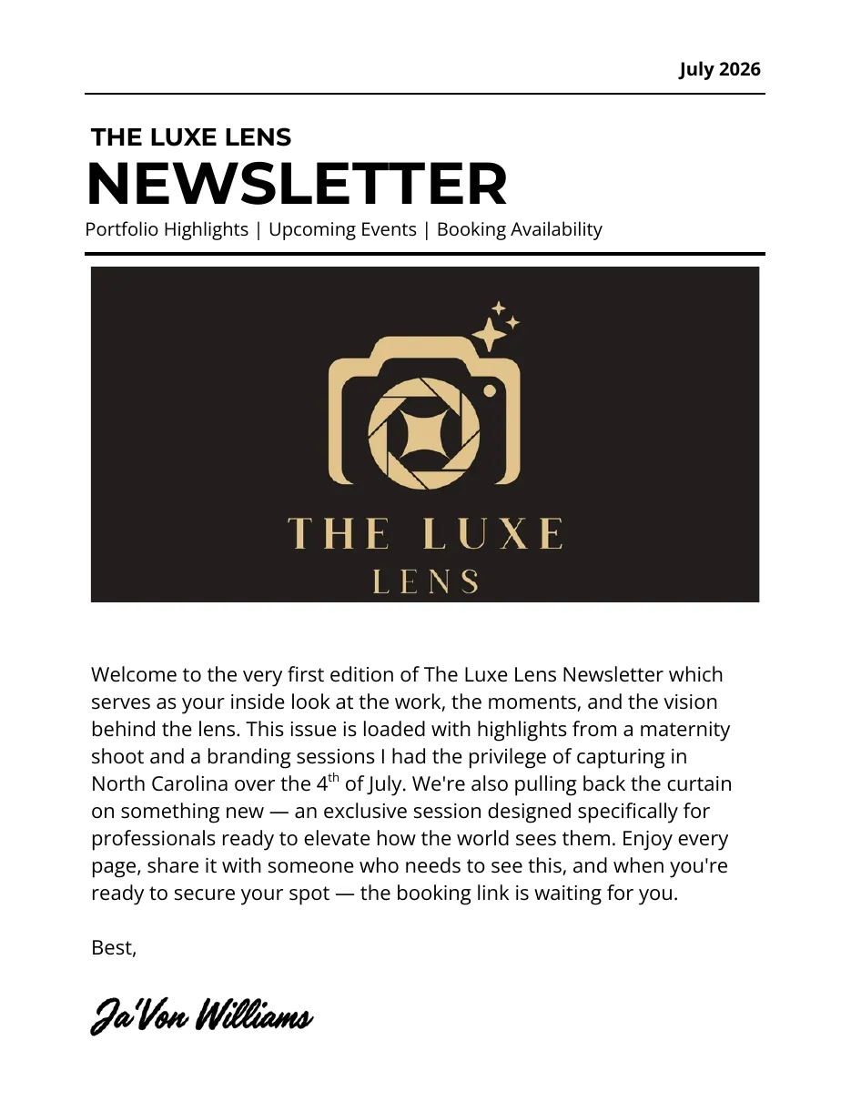 Cover of the July 2026 issue of The Luxe Lens Newsletter